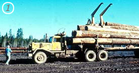 The carrier truck approaches from the far side and places carrier mechanism over load and secures it for the approaching truck drivers. Note: The load binders are still secured in place. The carrier truck approaches from the far side and places carrier mechanism over load and secures it for the approaching truck drivers. Note: The load binders are still secured in place.